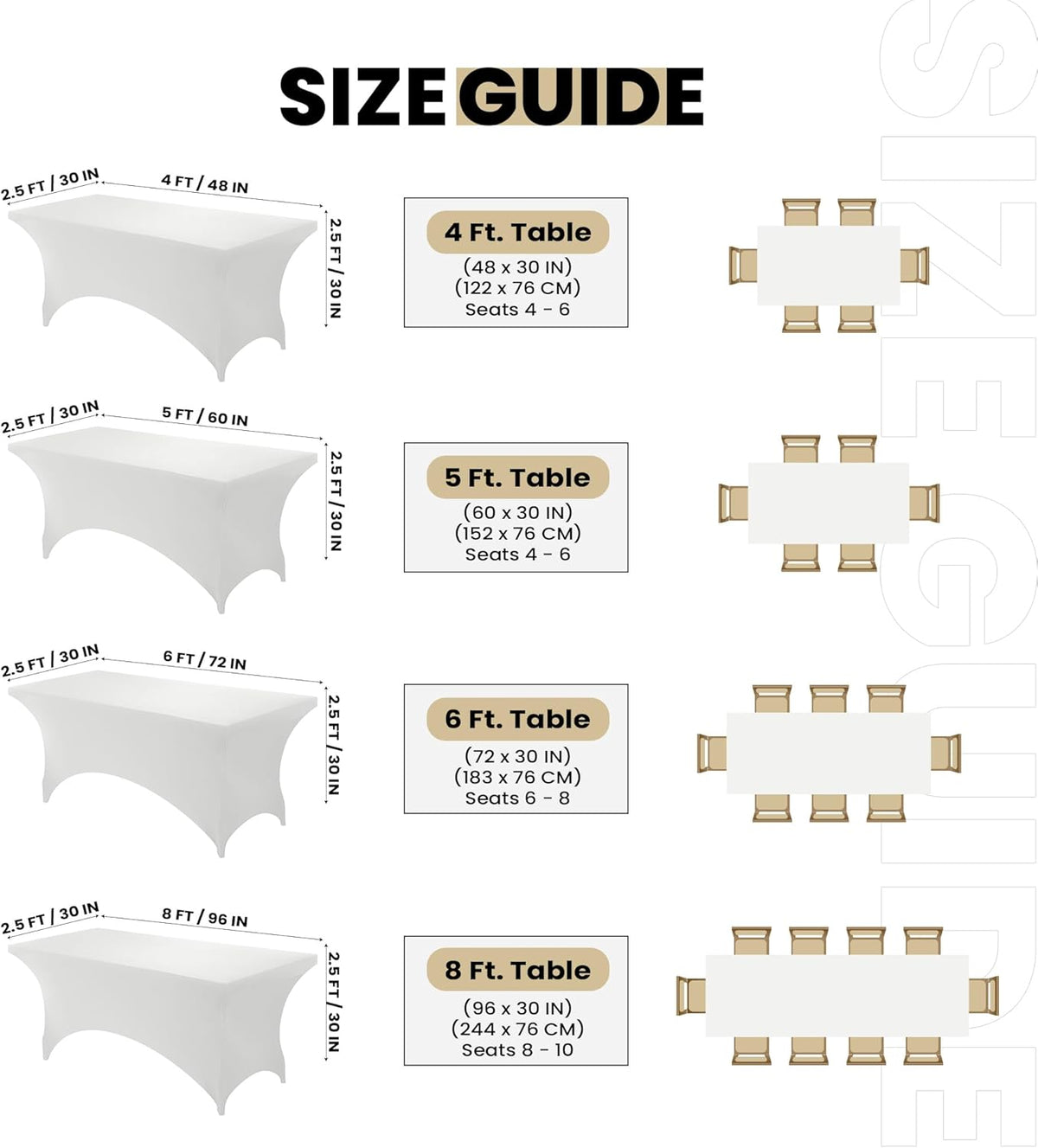 Utopia Kitchen 8FT Spandex Tablecloth [2 Pack, White] 200 GSM Stretch, Fitted, Washable and Wrinkle Resistant Table Cloth Rectangle Cover for Trade Shows, Wedding, Parties [96Lx30Wx30H Inch]