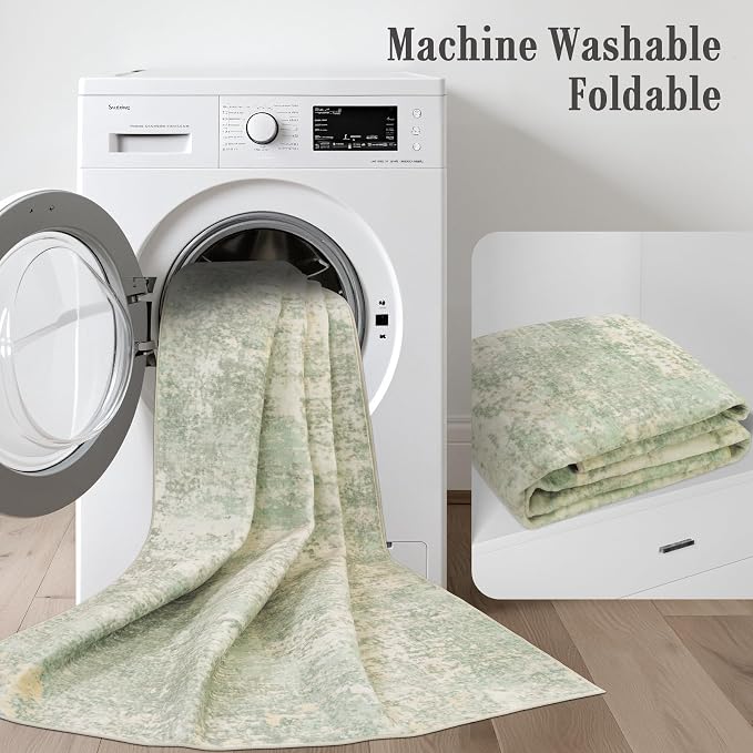 3x8 Washable Runner Rug：Modern Abstract Soft Carpet Green Cream | - Image 6