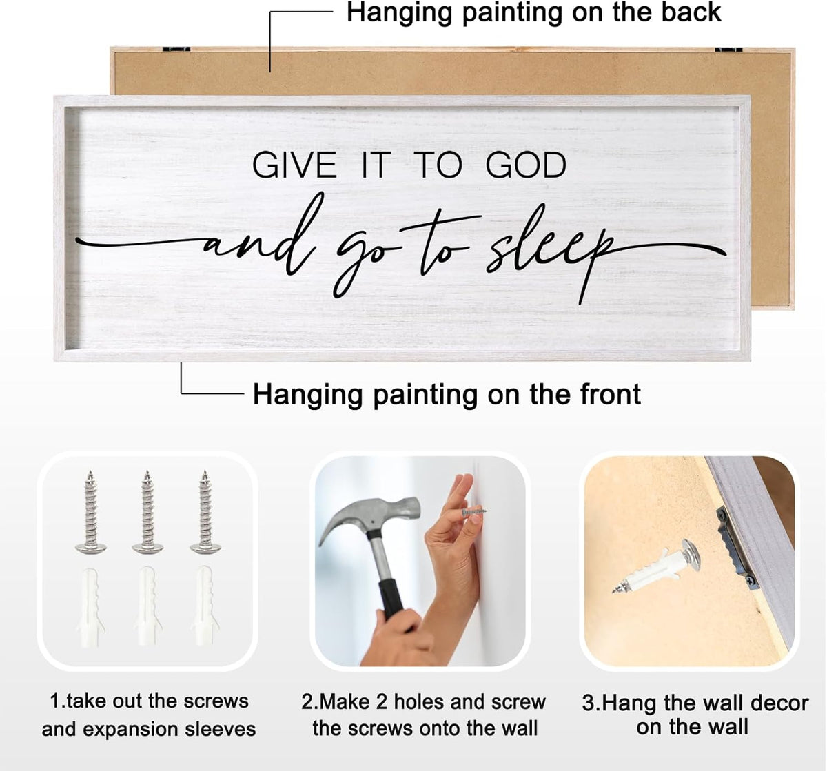 Give It to God and Go to Sleep Decorative Rustic Sign & Plaque Framed Wall Art for Couples, 40''×15'' Vintage Farmhouse Wooden Horizontal Wall Decor Above Bed, Cottagecore Wedding Gift for Bedroom