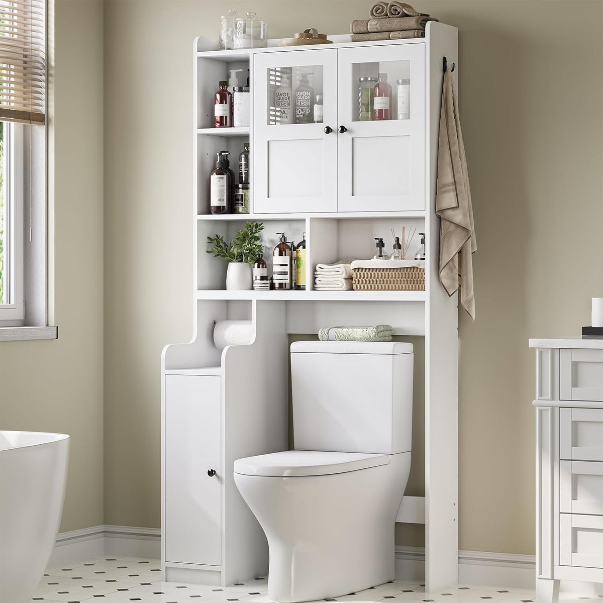 Itaar Over The Toilet Storage Cabinet, Over Toilet Bathroom Organizer with Glass Doors & Toilet Paper Holder Stand, Home Space-Saving Toilet Rack, for Bathroom, Restroom, Laundry(White)