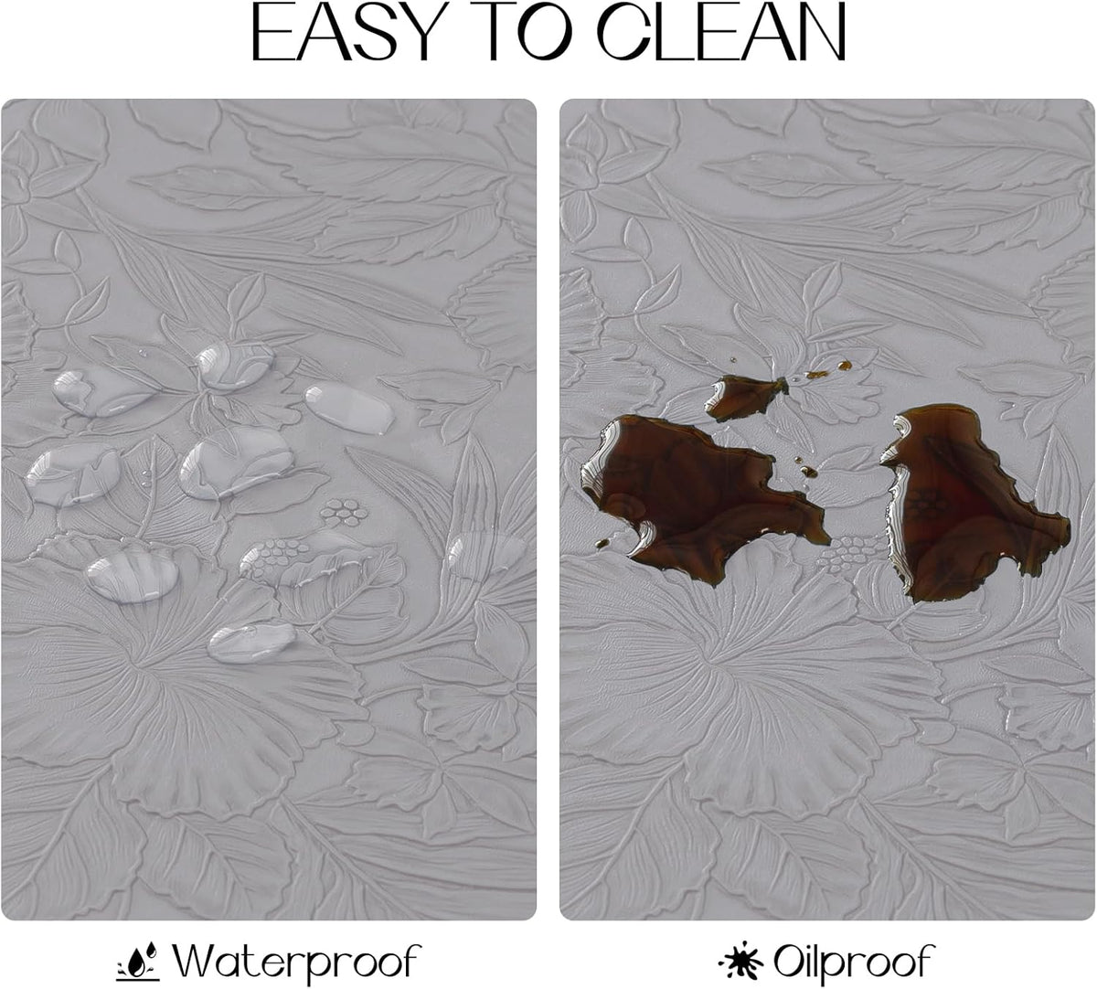 Romanstile Vinyl Placemats Set of 6-12 X 18 Inch - Heat Resistant Non-Slip Embossed Floral Place Mats 100% Waterproof Oilproof Wipeable Faux Leather Table Mats for Kitchen/Dining/Party, Grey