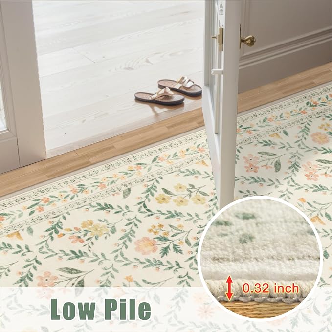 PLHXFR 2x6 Washable Runner Rug：Floral Indoor Kitchen Carpet Beige Multi | - Image 9