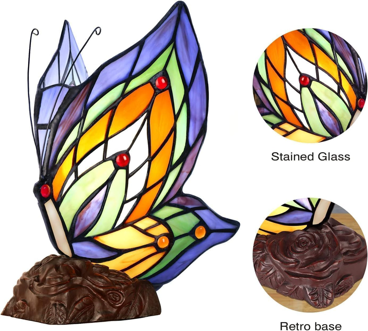 Tiffany Butterfly Table Lamp, 9'' Tall Vintage Stained Glass Lamp, Fairy Reading Night Light for Bedroom Living Room, 1 LED Bulb Included