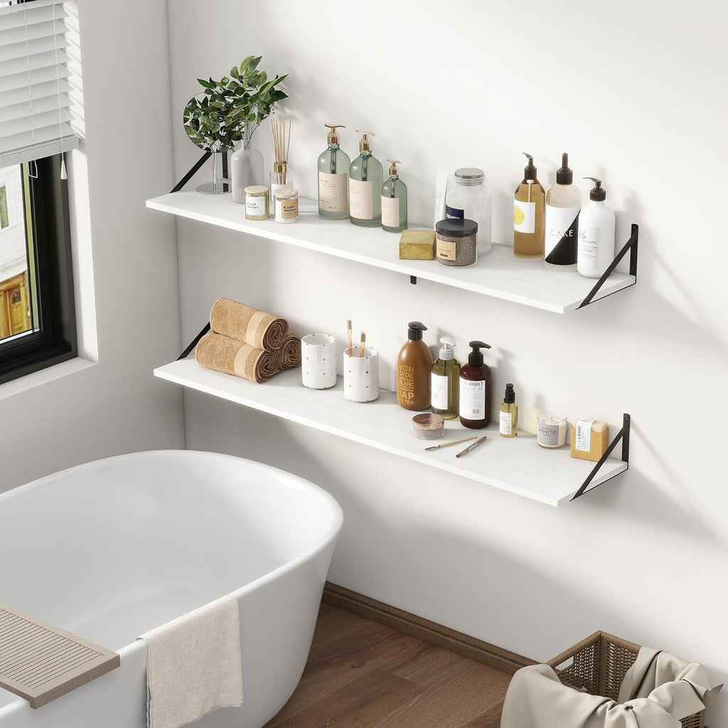 Fun Memories Deep Floating Shelves, 55W x 12D Floating Shelves for Wall, Wood White Floating Shelf with Bracket, Wide Display & Storage Wall Shelves for Living Room, Bedroom,