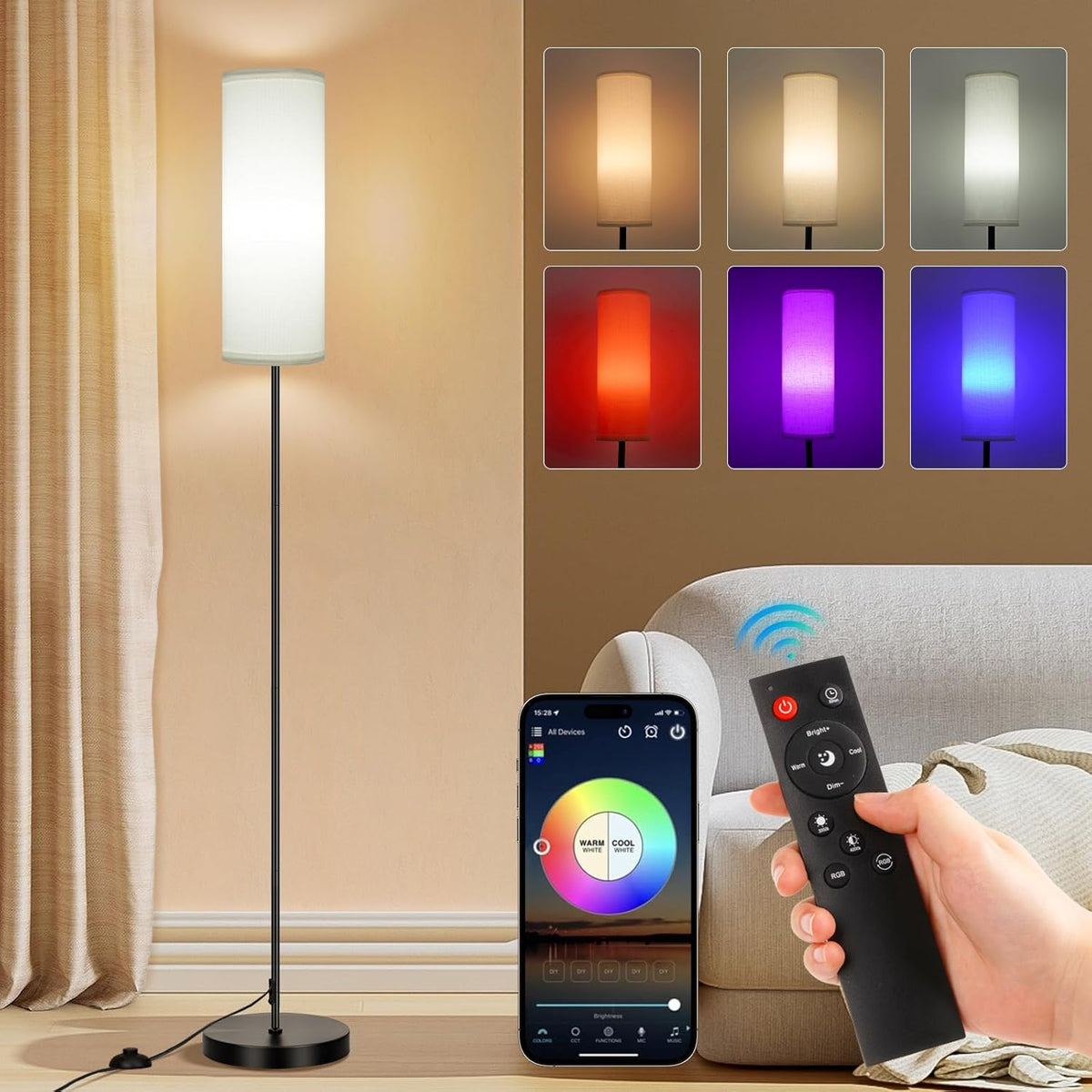 FRIDEKO HOME Floor Lamps for Living Room, Dimmable Colors Temperature & Brightness, Modern Floor Lamp Remote, Tall Standing Lamps for Kid Room Bedroom Office, White Lampshade 9W RGB Smart Bulb