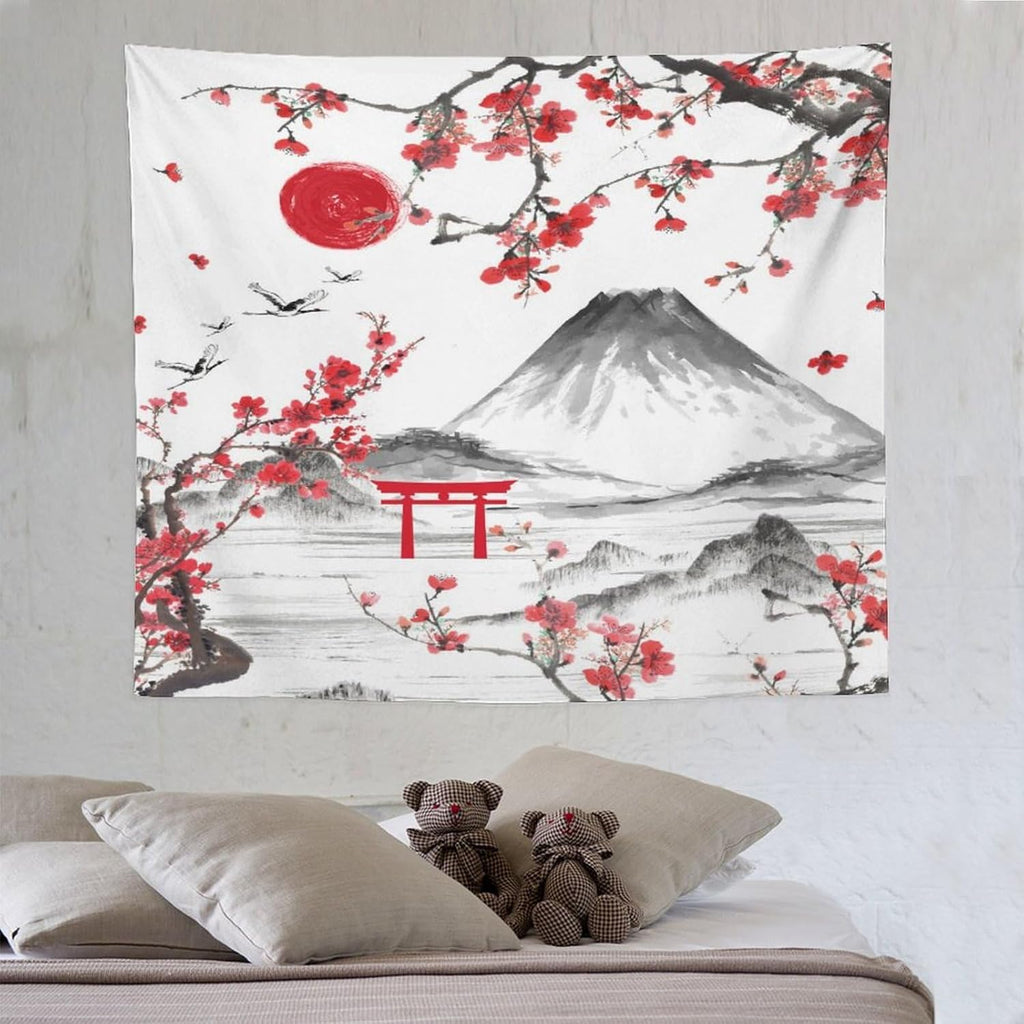 Red Cherry Blossoms Tapestry, Japanese Fuji Mountain Tapestry, Asian Japanese Wall Tapestry, Nature Landscape Tapestries for Bedroom Living Room Decor 60"x50"