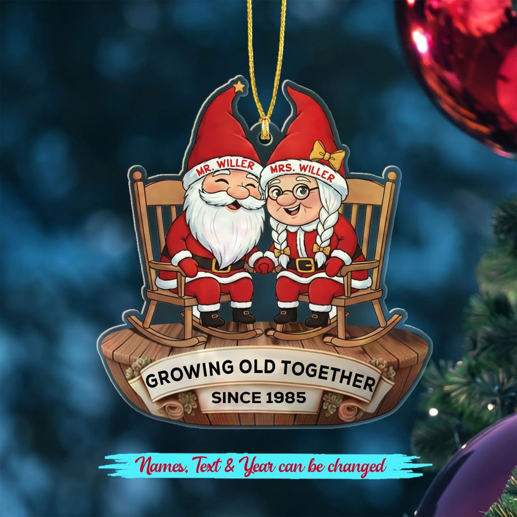 Customized Old Couple Gnome Sitting On Rocking Chairs Growing Old Together Christmas Ornament 2025, Personalized Text Shaped Xmas Ornament Gift for Mr Mrs Dad Mom/Grandparents, Anniversary Ornaments