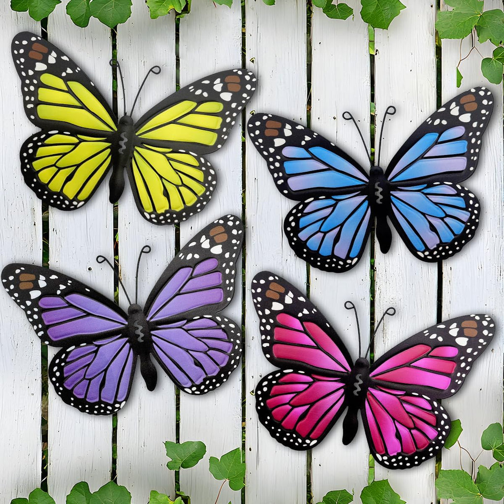 Metal Butterfly Outdoor Decor - 4 Pack 9.8in Butterflies Wall Sculpture Hanging Decor for Outside Home Yard Patio Fence Garden Decorations