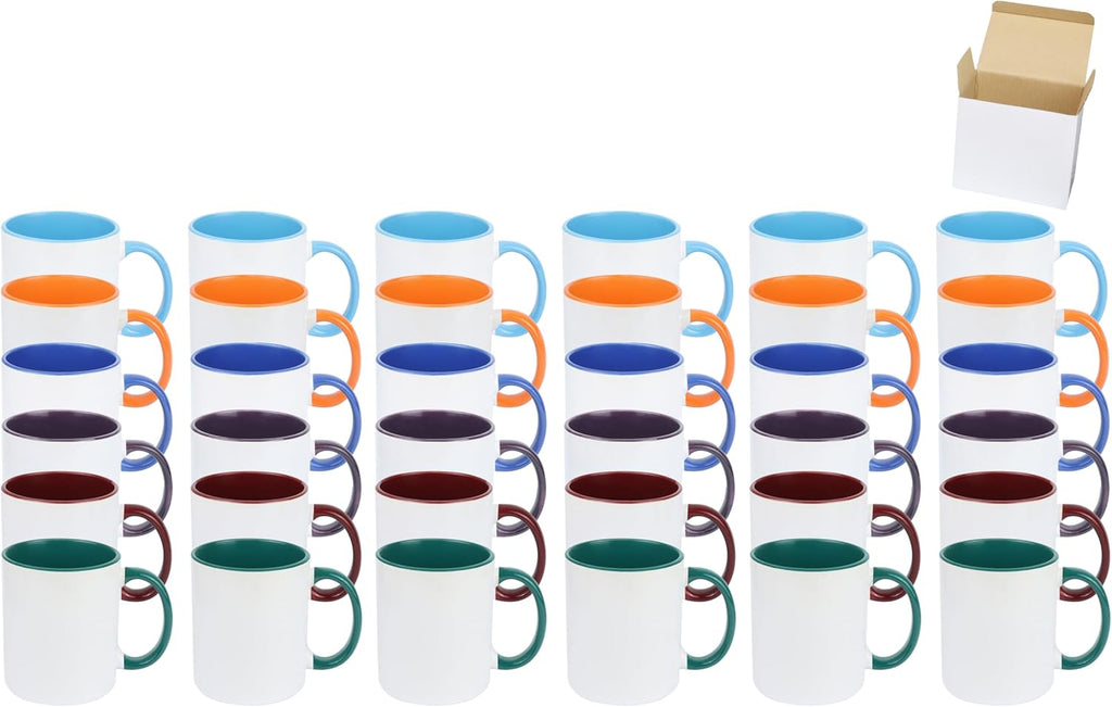 11oz White Ceramic Sublimation Coffee Mug in White Gift Box, 6 New Mixed Colors, Case of 36