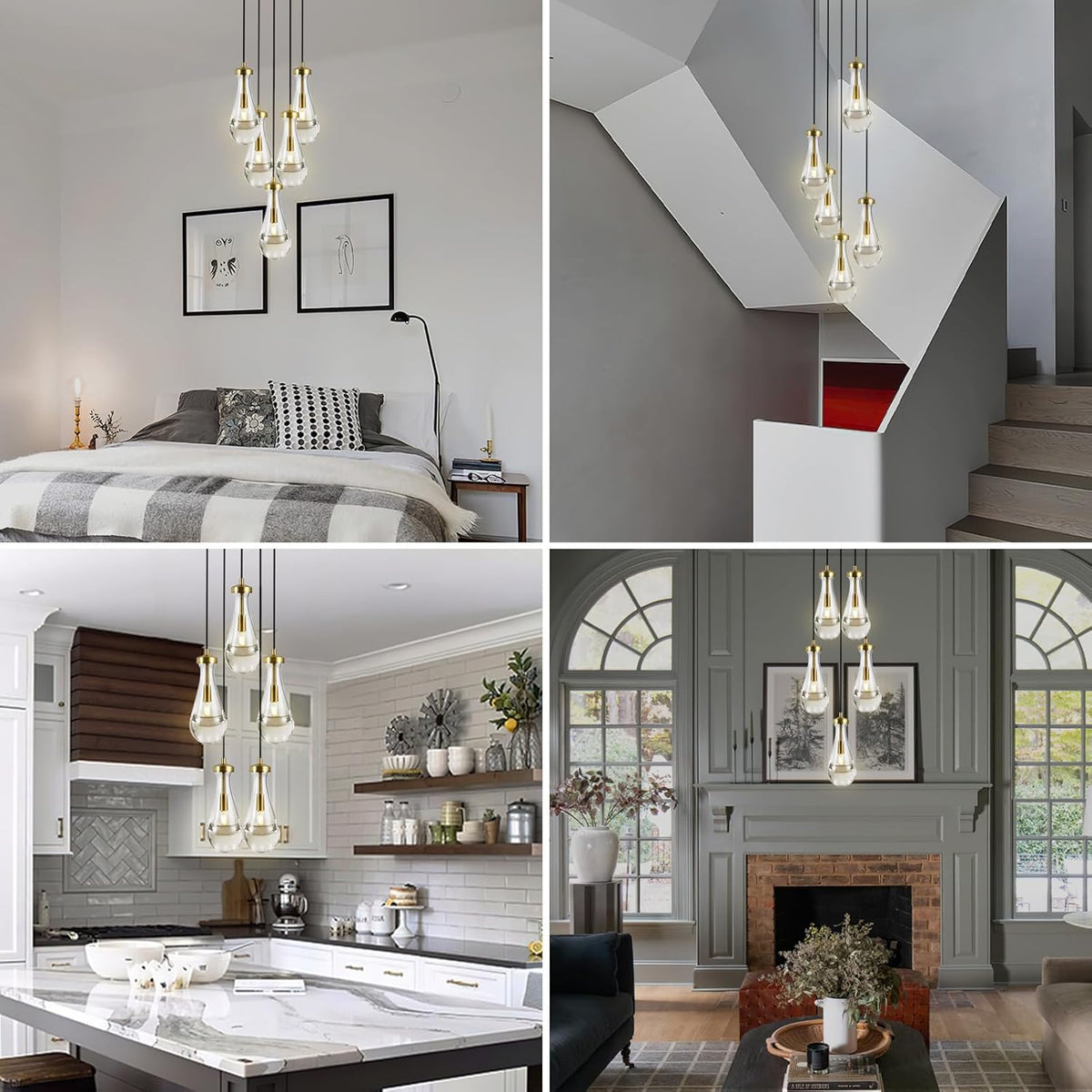Gold 5 Light Cluster Pendant Lighting, Raindrop Chandeliers Brass Dining Room Lights Fixture, Teardrop Pendant Lights Kitchen Island, Hanging Lamp Ceiling for Entryway Foyer Staircase