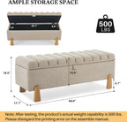 Storage Bench Ottoman 48.6 Inch with Safty Lift Top Lid, Tufted Solid Wood Tapered Legs Footstool for Bedroom, Living Room & Entryway Light Brown