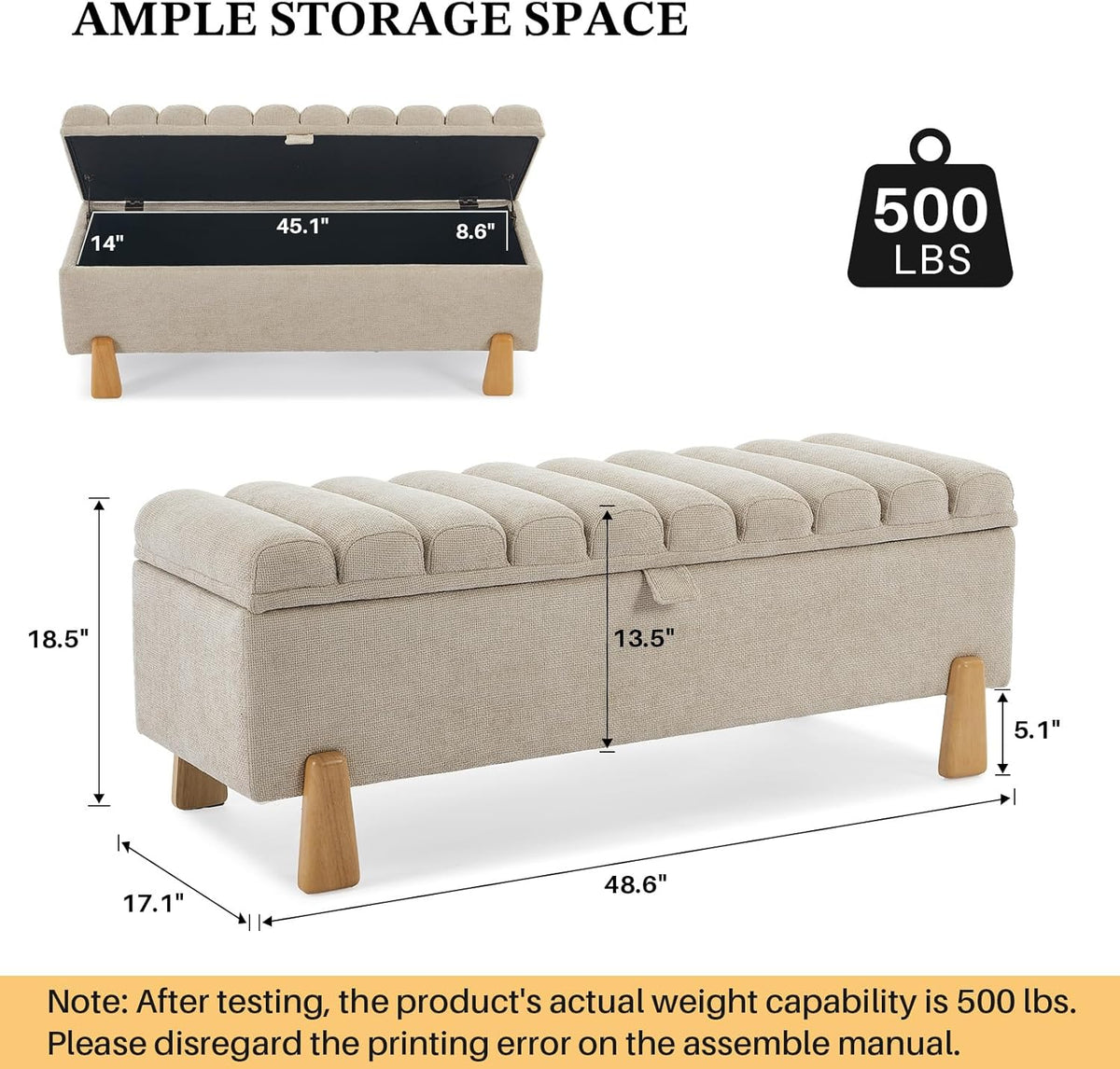Storage Bench Ottoman 48.6 Inch with Safty Lift Top Lid, Tufted Solid Wood Tapered Legs Footstool for Bedroom, Living Room & Entryway Light Brown