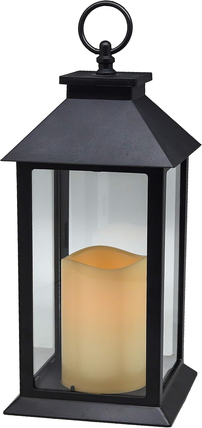 YAKii Hanging Glass Panes Lantern Portable Led Lantern Decorative Operated by 3AAA Battery Use for Garden Yard, Indoor Decoration Candle (Black)