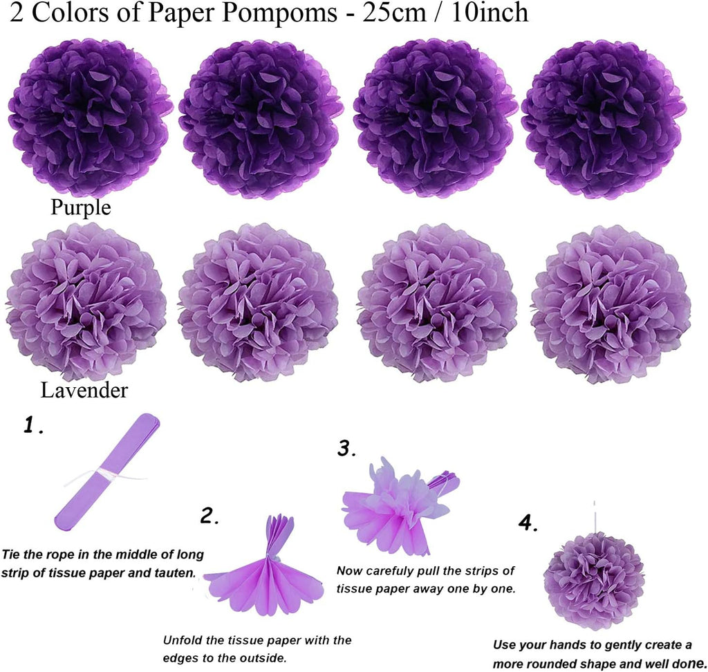 ZERODECO Party Decoration, 21 Pcs Purple and Lavender Hanging Paper Fans, Pom Poms Flowers, Garlands String Polka Dot and Triangle Bunting Flags for Birthday Parties, Wedding, Mermaid Party