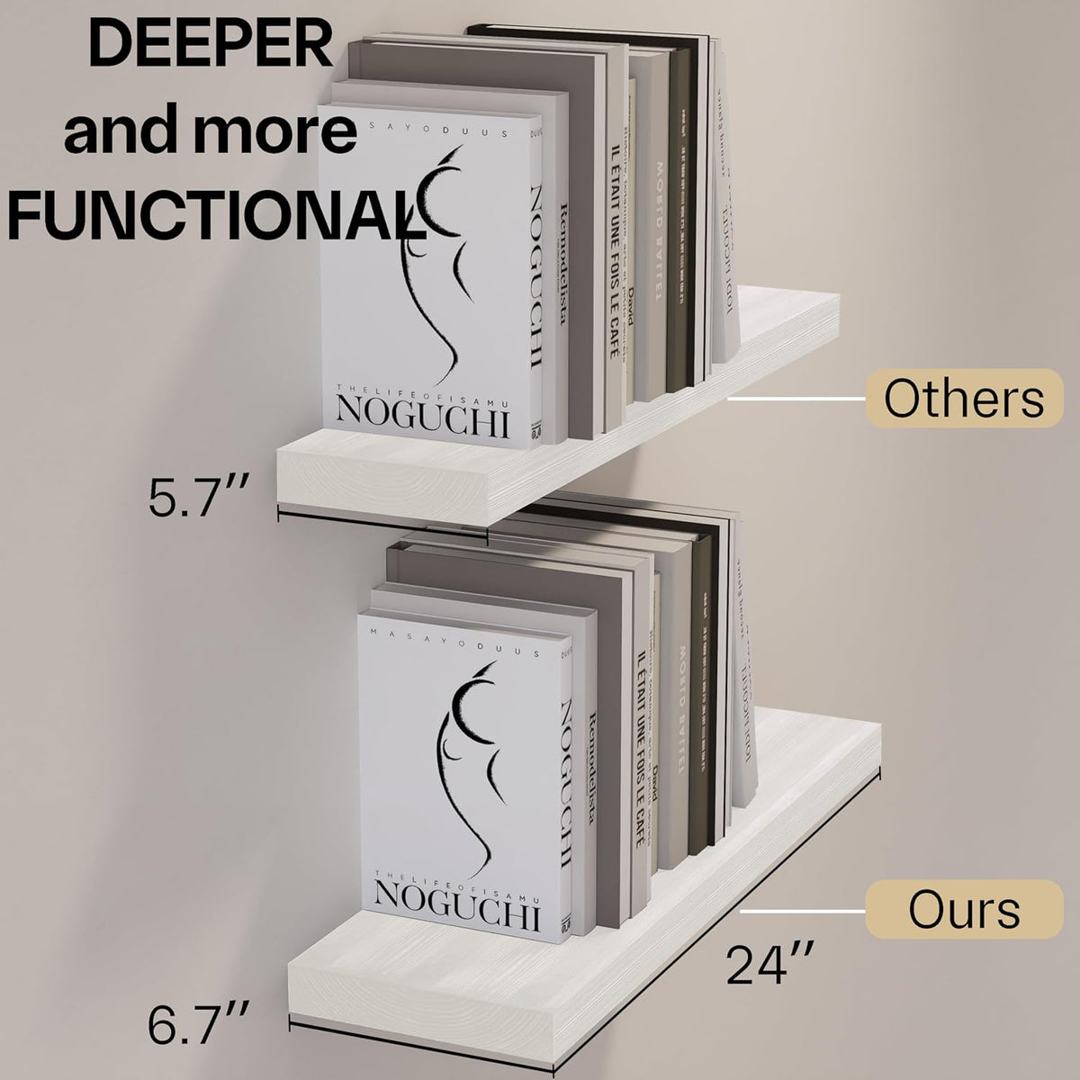 BGMG Wood Floating Shelves 24 inch Long,Rustic Solid Wooden Deep Wall Shelves for Bathroom Living Room Bedroom Kitchen Farmhouse Set of 2-24x6.7x1.25 inch-White
