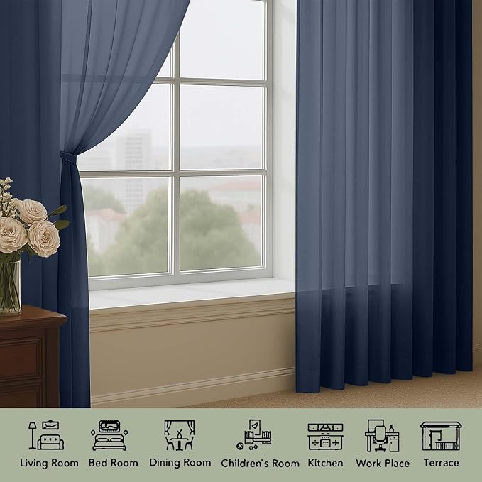 Navy Blue Sheer Curtains 120 Inches Long 2 Panels Set, Airy Lightweight Sheer - Image 3
