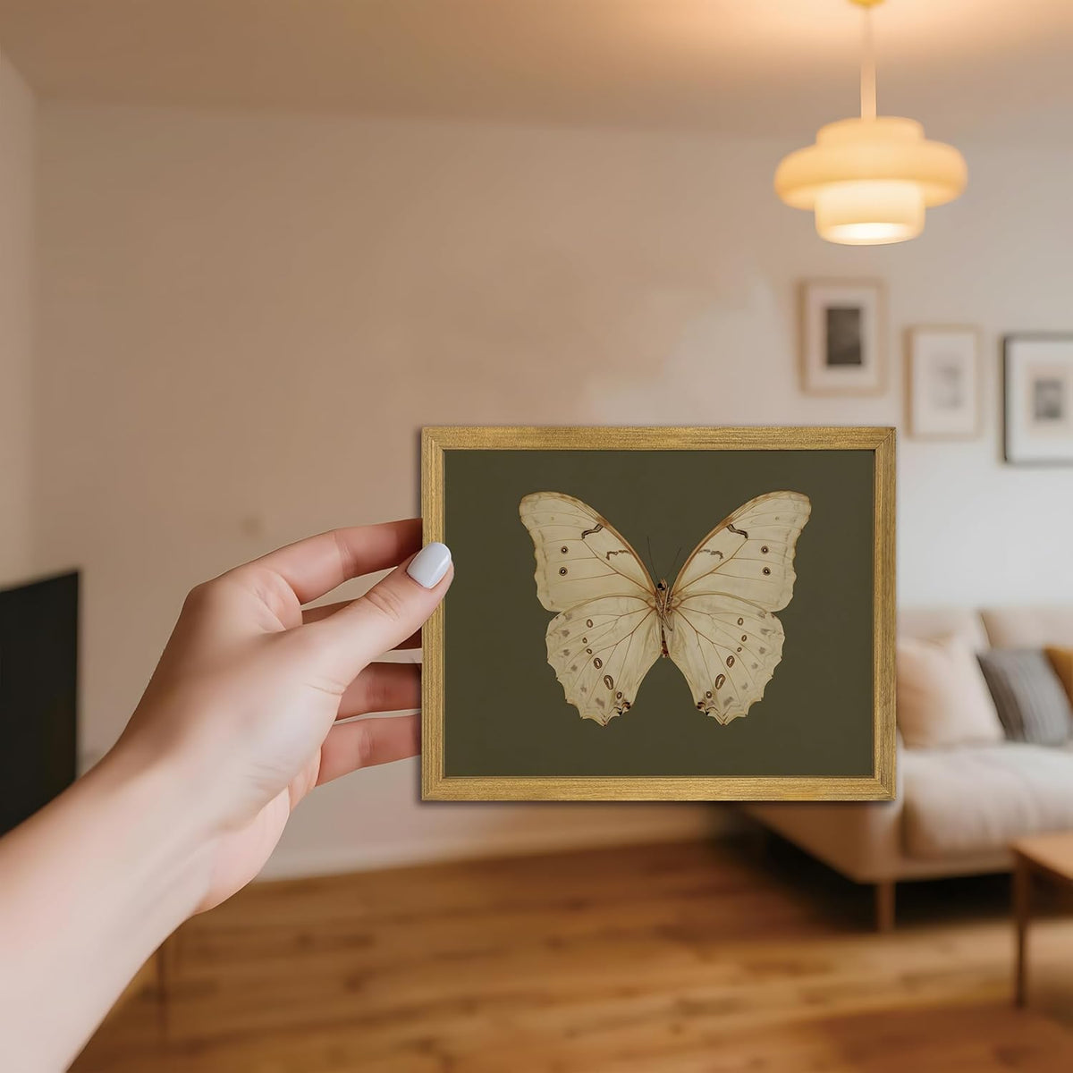 Wood Framed White Butterfly Wall Art, Vintage Butterfly Oil Paintings, Dark Moody Insect Canvas Prints, Boho Sage Green Wall Decor, for Bedroom Kitchen Bathroom Cottagecore Room Decor - 8x10 Inch