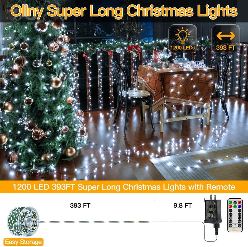 Ollny Christmas Lights Outdoor, 393FT 1200 LED IP67 Waterproof Christmas Tree Lights with 8 Modes Remote Timer, String Lights for House Yard Outside Indoor Xmas Decorations Cool White