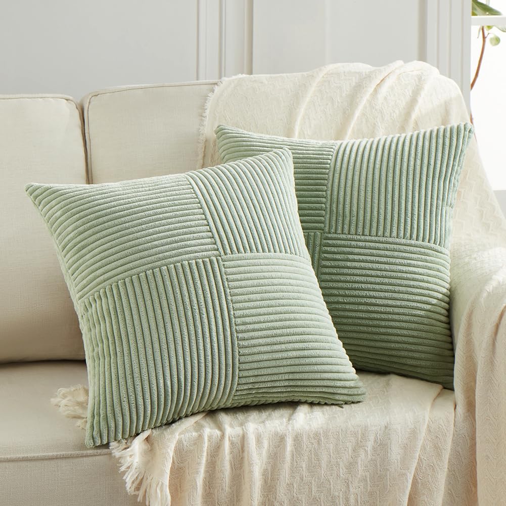 Fancy Homi 2 Packs Sage Green Decorative Throw Pillow Covers 16x16 Inch for Living Room Couch Bed, Rustic Farmhouse Boho Home Decor, Soft Corss Patchwork Corduroy Textured Square Cushion Case 40x40 cm