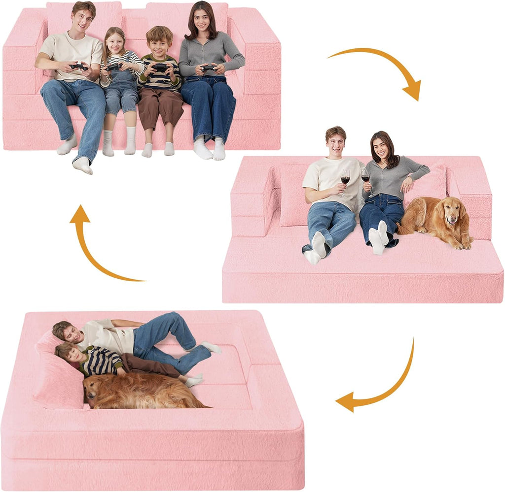 Folding Bean Bag Chair for Adults,3-in-1 Bean Bag Couch Faux Fur Floor Sofa Large Beanbag Convertible Bean Bag Sofa Bed with Pillow in Bedroom,Living Room,Apartment(Queen,Pink)