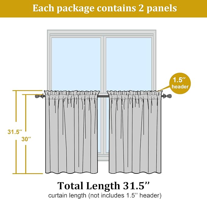 Short Lemon Sheer Curtains 30 Inch Length 2 Panels Set, Kitchen Curtains Tiers - Image 2