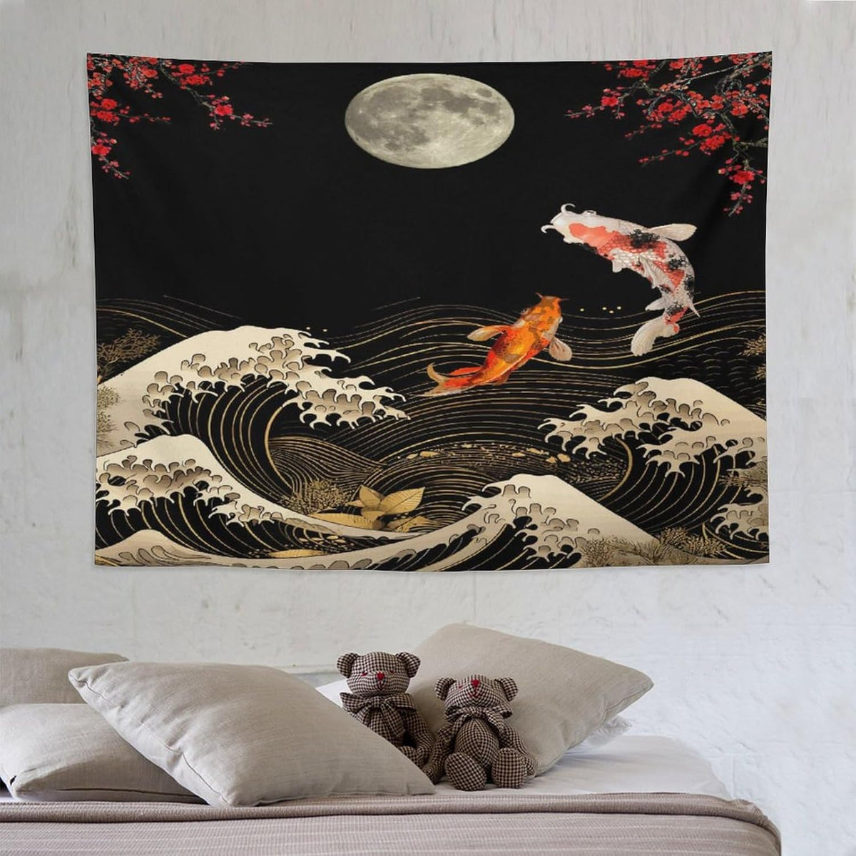 Houselerax Koi Fish Tapestry, Japanese Style Yin Yang Big Wave Cherry Blossom Tapestries Wall Hanging for Bedroom Living Room Office Decor 80"x60"