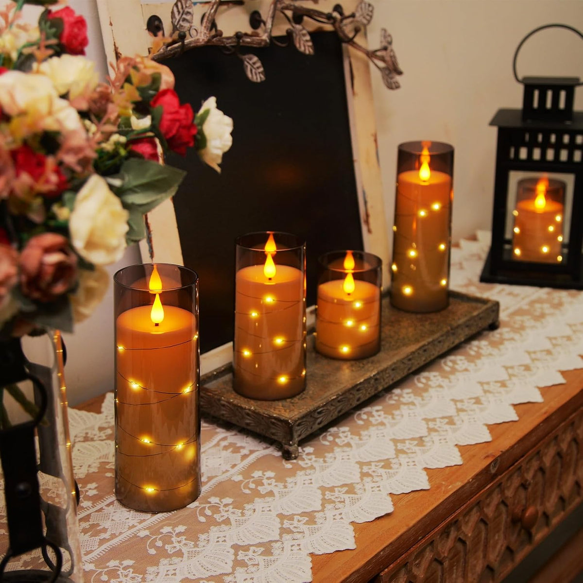 Homemory Flameless Candles with Embedded Star String Fairy Lights, Battery Operated Candles, LED Candle, Fake Candles with Remote Control and Timer for Halloween, Gray Acrylic, Set of 5(H4"5"6"8"8")