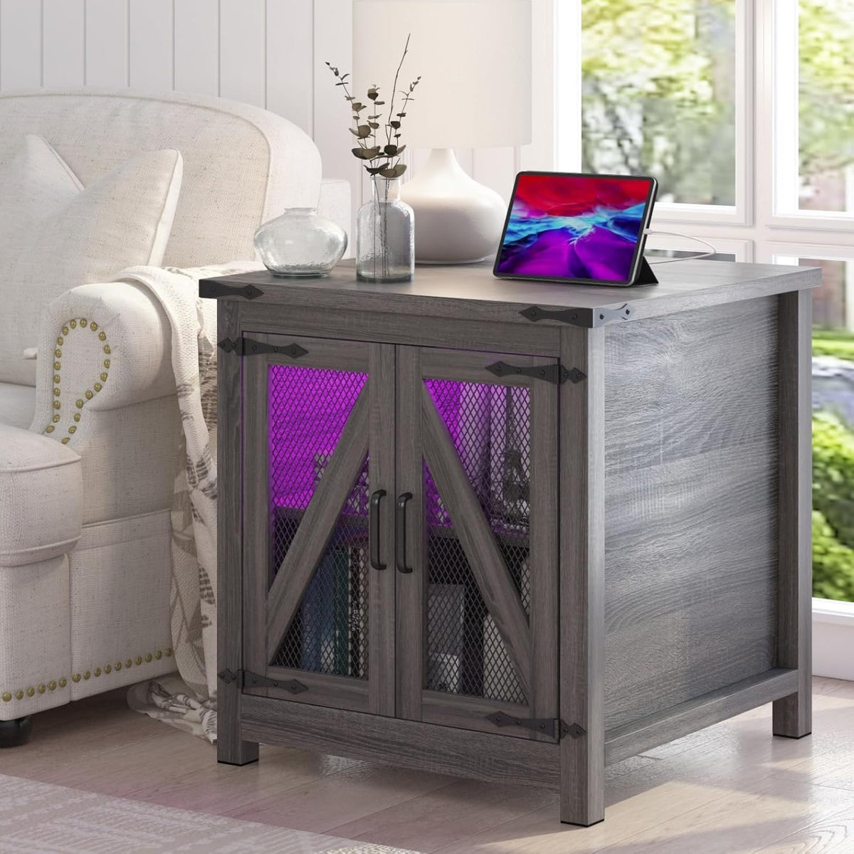 Farmhouse End Table, 24" Large Sofa Side Table with Charging Station, Mesh Barn Door, and Adjustable Storage Shelf, Rustic Wood Square Nightstand for Living Room, Bedroom, Office, Grey