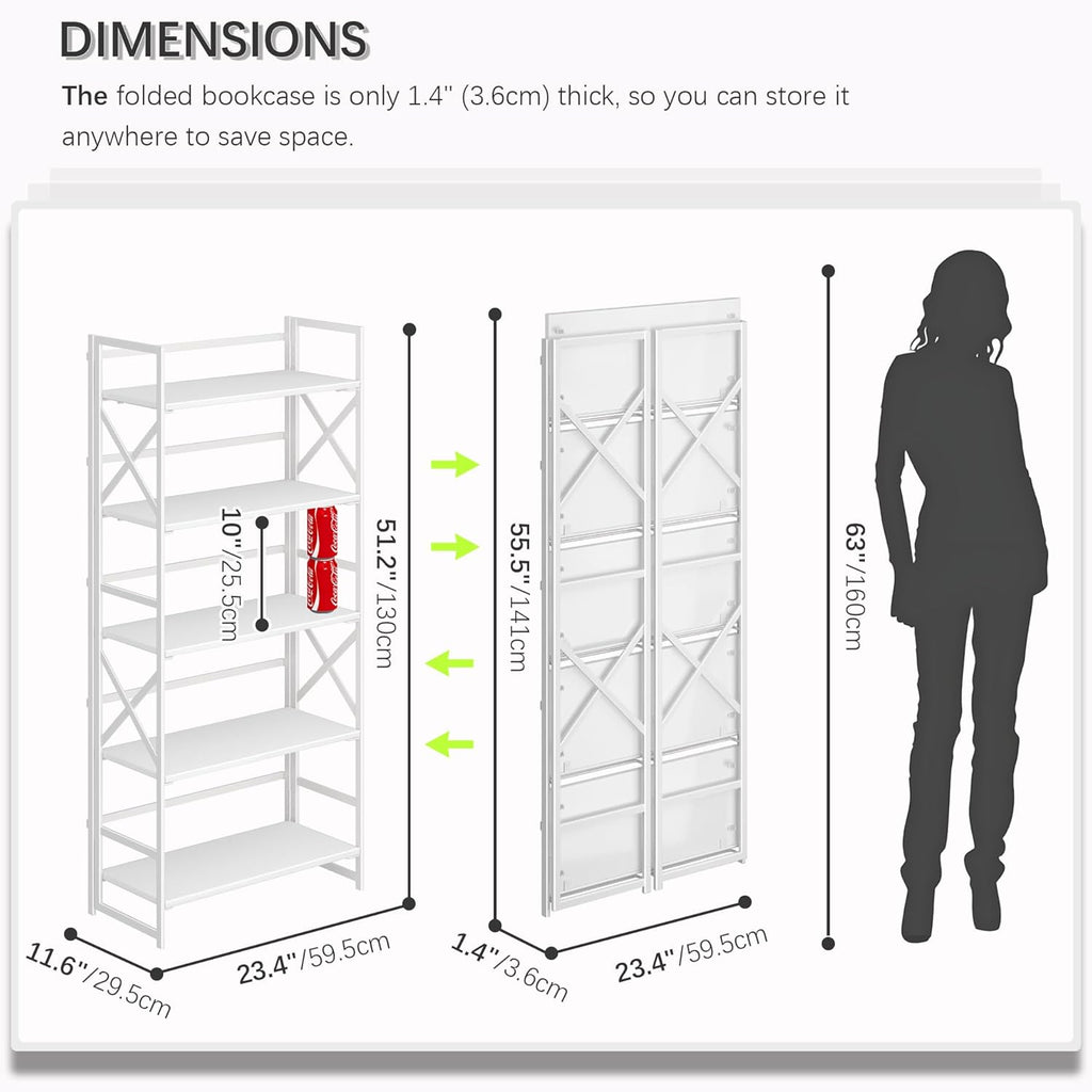 4NM 5 Tiers No Assembly Book Shelves, 51.2" H Folding Bookshelf Bookcase Open Industrial Foldable Shelves for Bedroom, Living Room, Home Office - All White