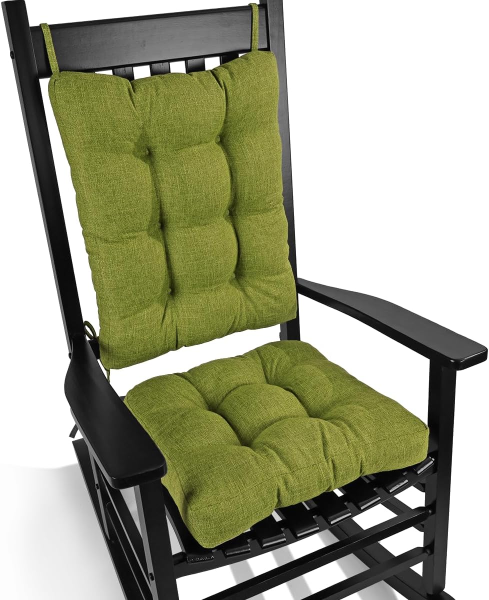 BUYUE Chair Cushion Set for Rocking Chair, Back Pillow & Seat Cushion with Ties, Original Woven Fabric Non-Slip Chair Pads for Elderly Sitting, Grass Green