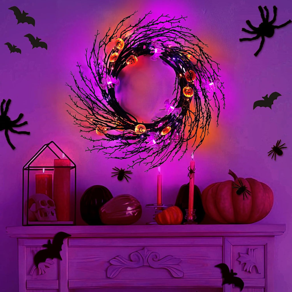 7 Ft 63 LED Halloween Willow Vine Twig Garland with 8 Modes Timer Orange Purple 21 Pumpkin Bats Lights,Halloween Garland with Waterproof Battery Operated for Indoor Wall Fireplace Decorations