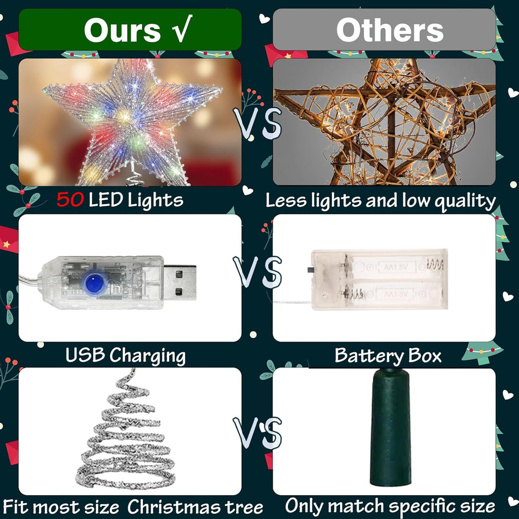 Silver Star Christmas Tree Topper with 50 Colouful LED Lights 8 Lighting Modes Timer, White Tree Topper for Christmas Tree Decorations and Xmas Holiday Seasonal Decor