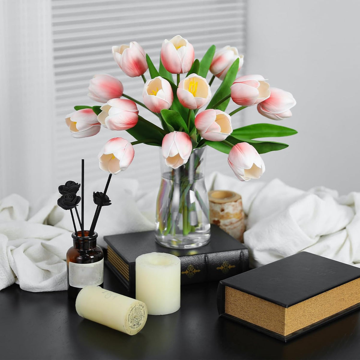 Light Pink Artificial Tulips, 2 Bundles 14Pcs, Fake Tulips Artificial Flowers, 2 x 2.4 Inch Large Flower Head Big Tulip, Easter Valentine's Day Mother's Day Home Decoration Flowers