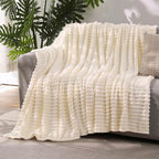 Beige Throw Blanket for Couch Sofa 50”x60” Striped Design | Fleece Blankets by Unknown