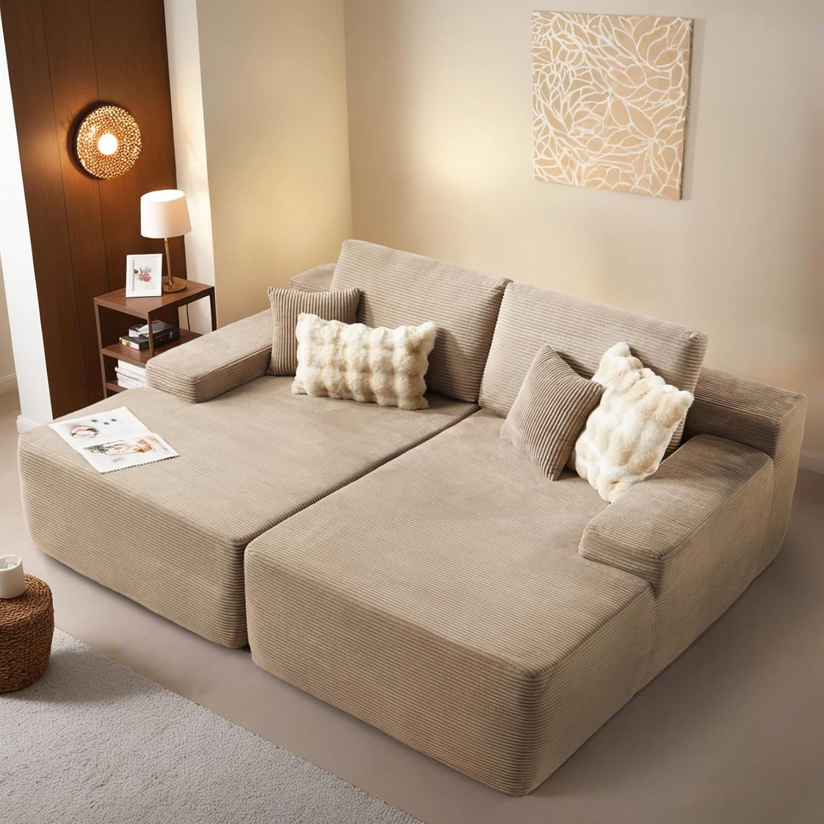 ovios 81" Oversized Sectional Double Lounge Chaise with Cloud Plush Sofa Bed, No Assembly Required, Fluffy Modern Sleeper Loveseat Chair for Indoor Living Room Bedroom Reading, Camel (Corduroy Fabric)