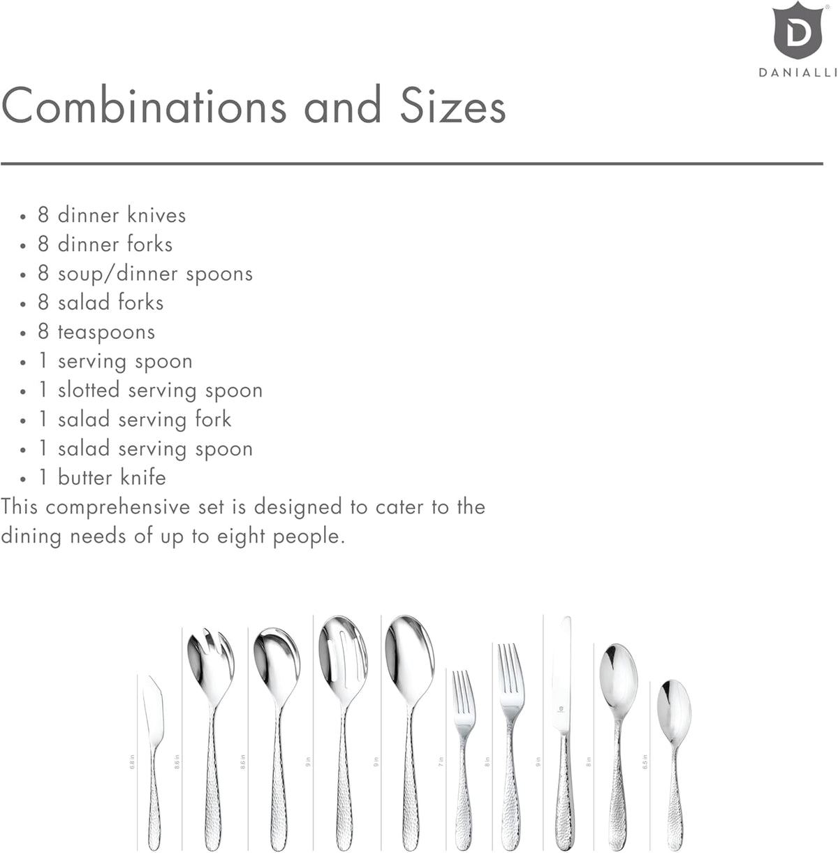 Hammered Silverware Set with Serving Utensils, 18/10 Stainless Steel Flatware for 8, Dishwasher Safe, Mirror Finish, Heavy-Duty, Built to Last (45-Piece Including a Serving Set, Fidenza Hammered)