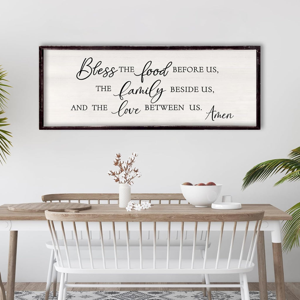 Bless the Food Before Us, the Family Beside Us, and the Love between us Framed Wall Art for Christian God Jesus Christ Prayer, 32''×12'' Positive Holy Religious Rustic Bible Verse for Dining Room