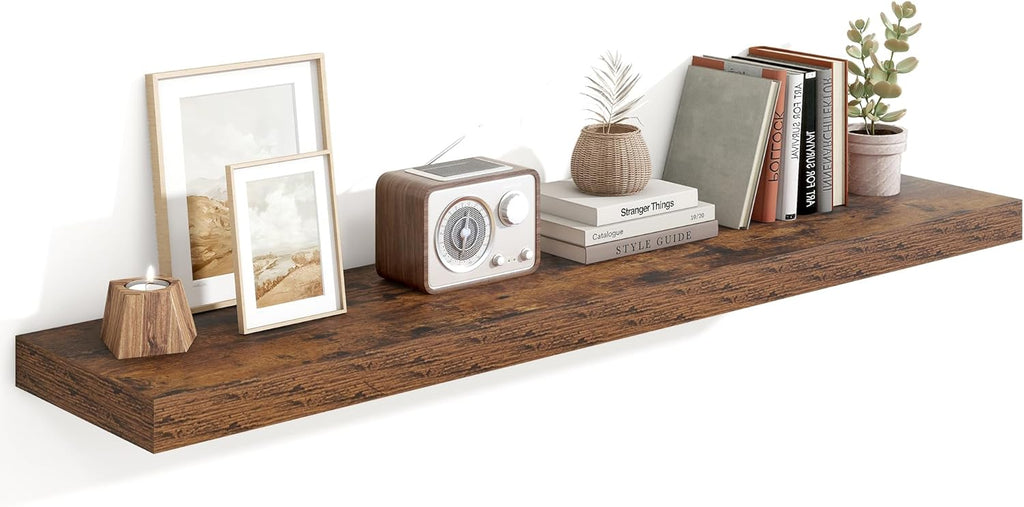 Heimlove 55 Inch Floating Shelves for Wall,10 Deep Large Rustic Brown Wall Shelf with Heavy Duty Brackets,Wall Mounted Storage & Display Shelves for Bedroom,Living Room,Kitchen,Office