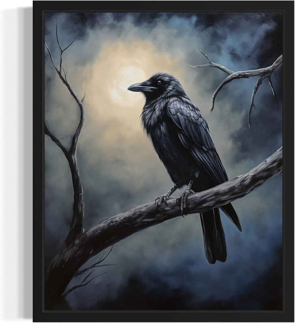 Crow under the Moonlight Poster Art Print, Halloween Scary Vintage Wall Art Academia Spooky Painting Decoration for Horror Prints, Gothic Posters Bedroom Decor 89 (Crow under the Moonlight, 11 x 14 inches, Black Frame)