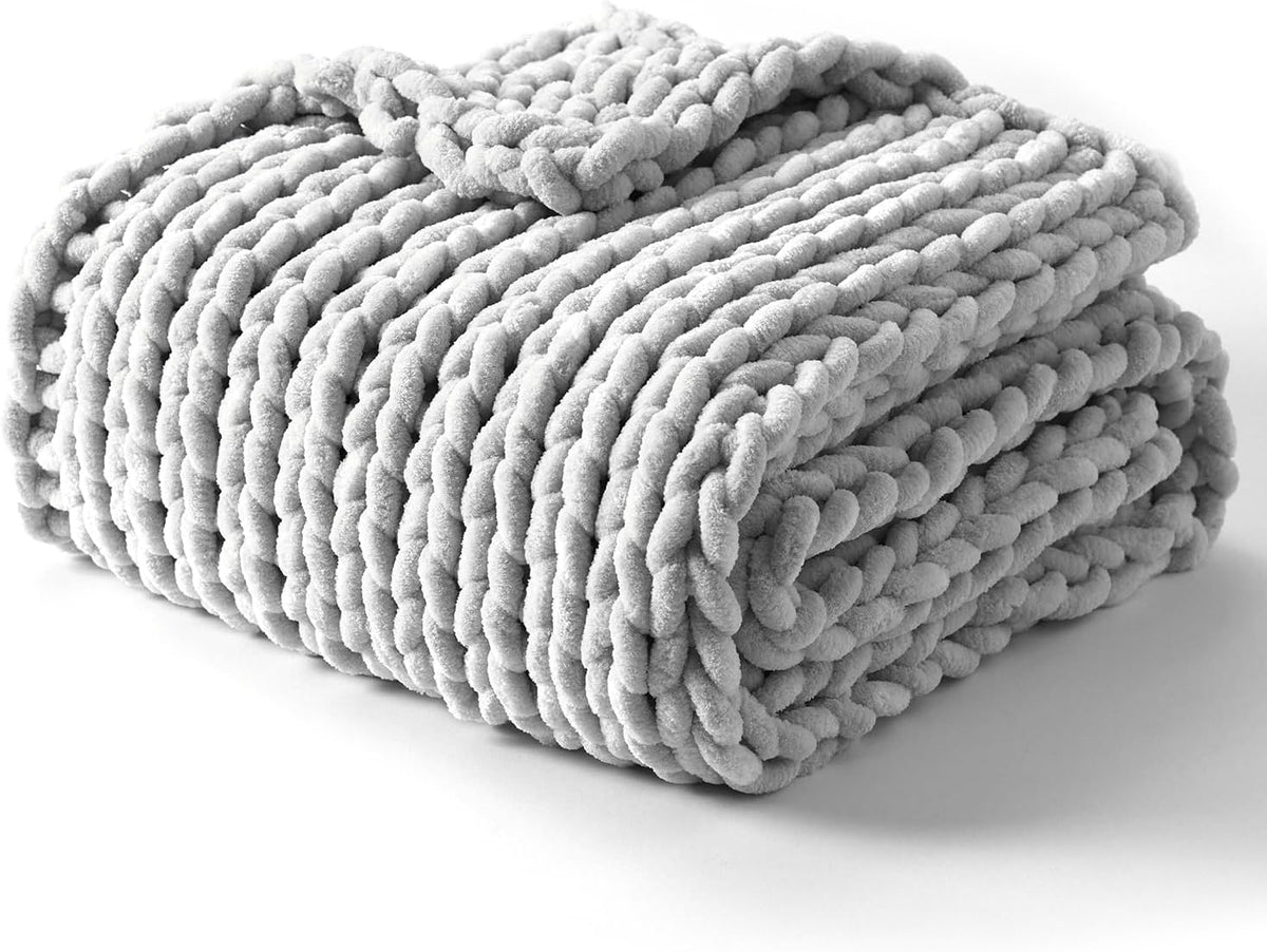 YnM Chunky Throw Blanket, Hand Knitted with Chenille Yarn, Skin Friendly, Ventilated and Breathable, Machine Washable, Home Décor Piece for Couch, Sofa and Bed (Glacier Grey, 40x50 Inch)