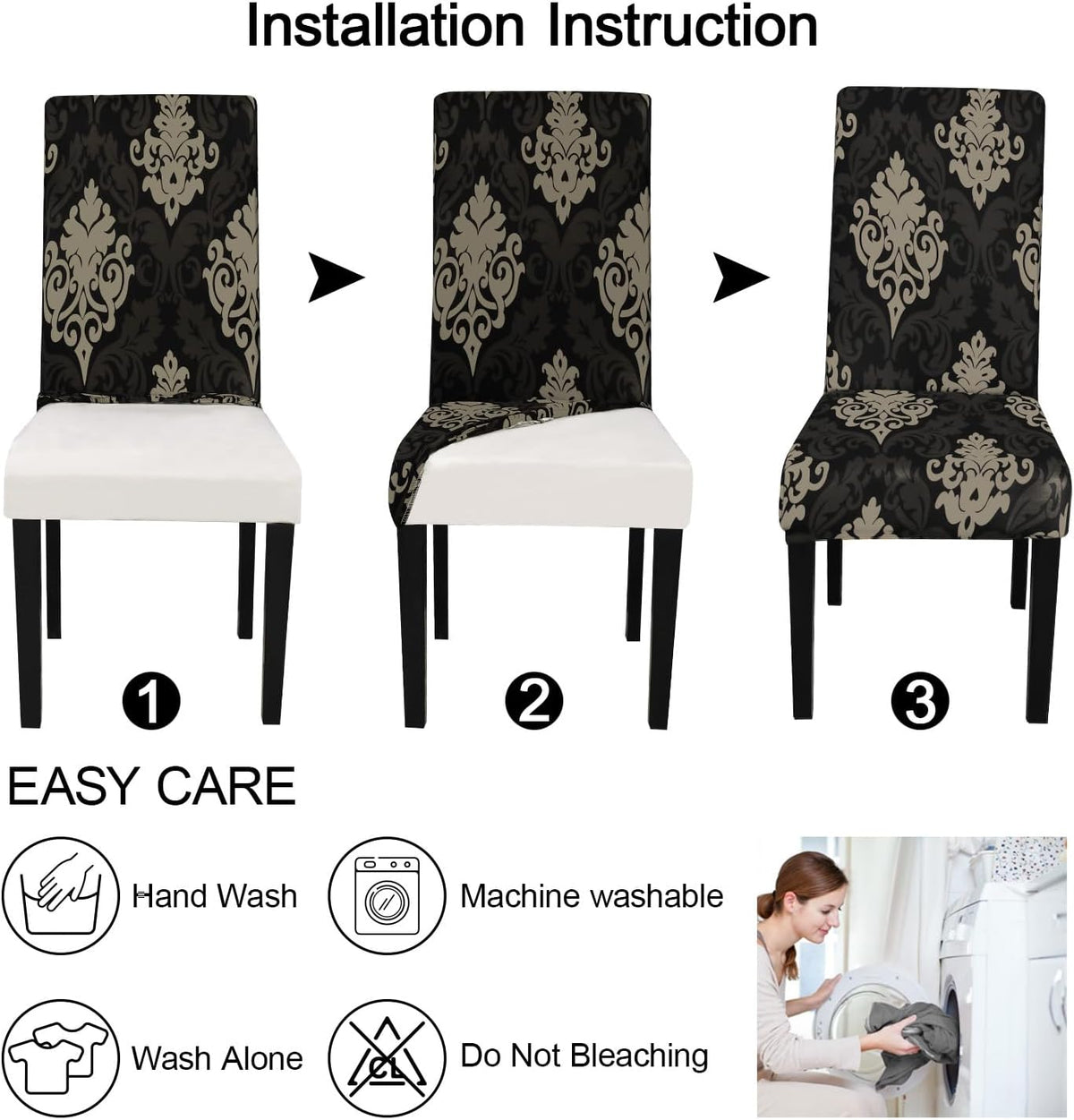 JQinHome Dining Chair Slipcover, High Stretch Removable Washable Chair Seat Protector Cover Set of 6,Chair Covers for Dining Room, Kitchen,Home Party,Wedding Ceremony(Luxe Black, 6PC)