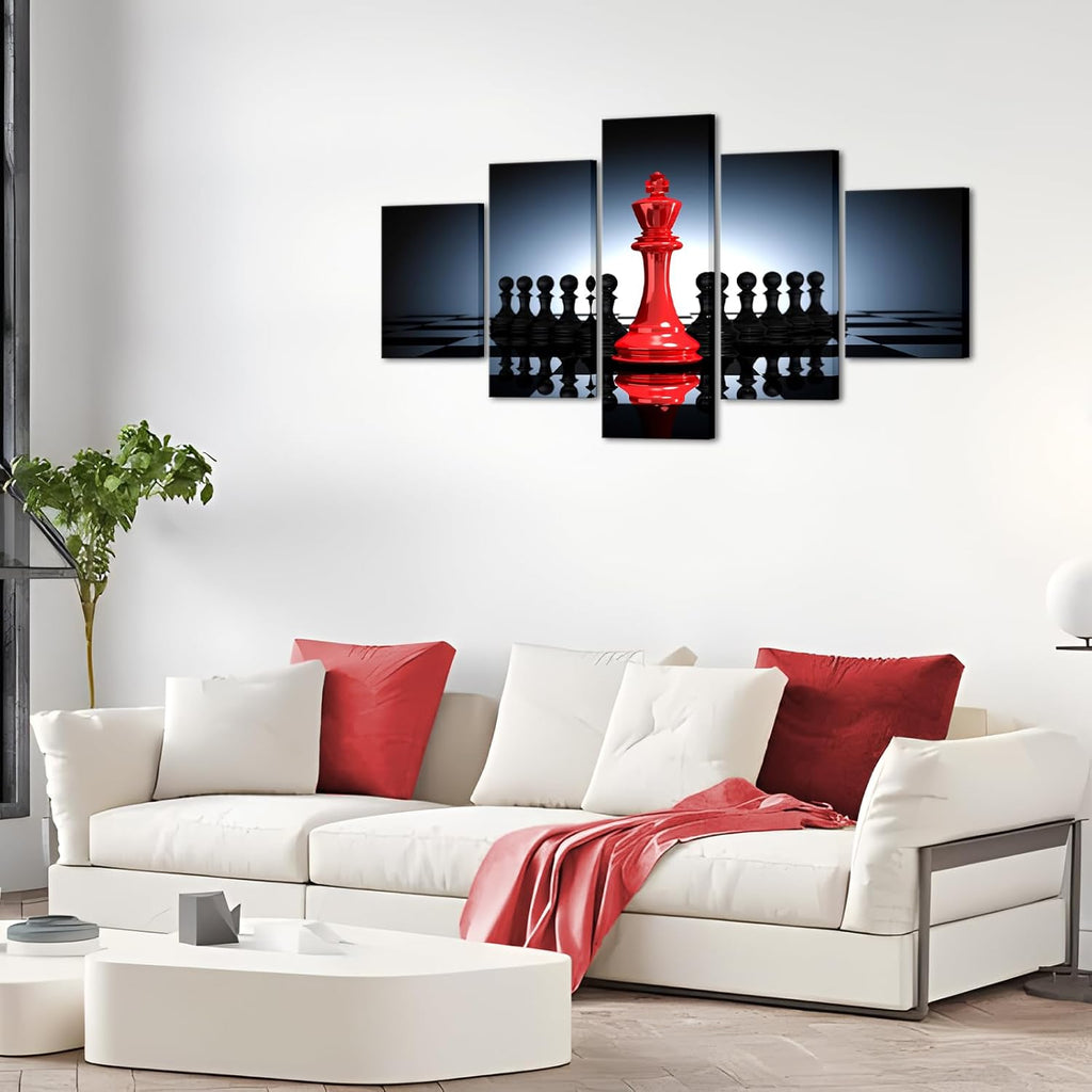iHAPPYWALL Large 5 Pieces Modern Black And Red King And Knight Chess Pictures Print Canvas Wall Art for Home Chess Game RoomLiving Room Decor Ready To Hang
