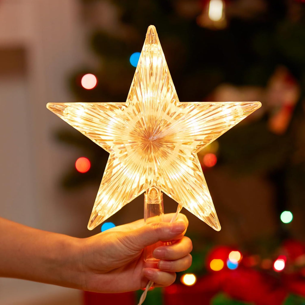 Christmas Tree Topper Lighted Star with Built-in 10 Replaceable Bulbs, 9.5” Clear Five-Pointed Star Tree Topper Plug in for Indoor Office Xmas New Year Holiday Tree Decoration, Warm White