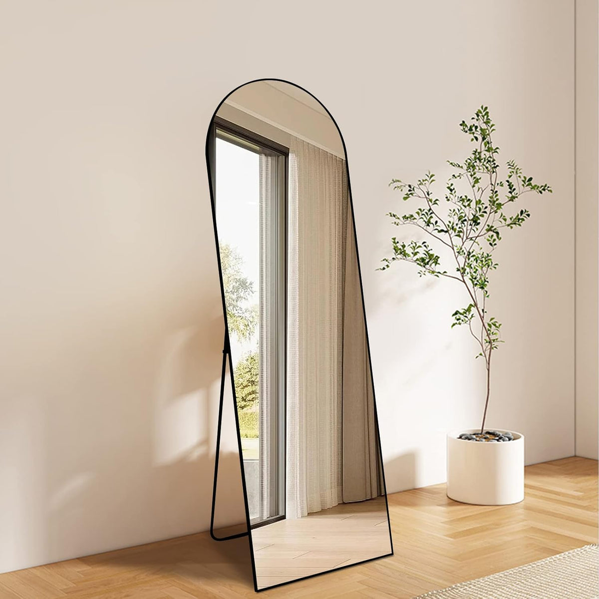BEAUTYPEAK 64"x21" Arch Full Length Mirror, Hanging or Leaning Arched-Top Full Body Mirror with Stand for Bedroom, Dressing Room, Black