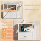 Furologee Nightstands Set of 2, Night Stands with Charging Station, Side Tables with 2 Fabric Drawers, End Tables with Storage Shelves, for Bedroom, White