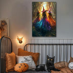 Halloween Room Decor Wall Art Colorful Witch Prints,Vintage Three Colorful Witches in Forest Halloween Posters,Fall Fantasy Aesthetic Pictures Playful Art Wall Decor for Bedroom,16"x24" Unframed