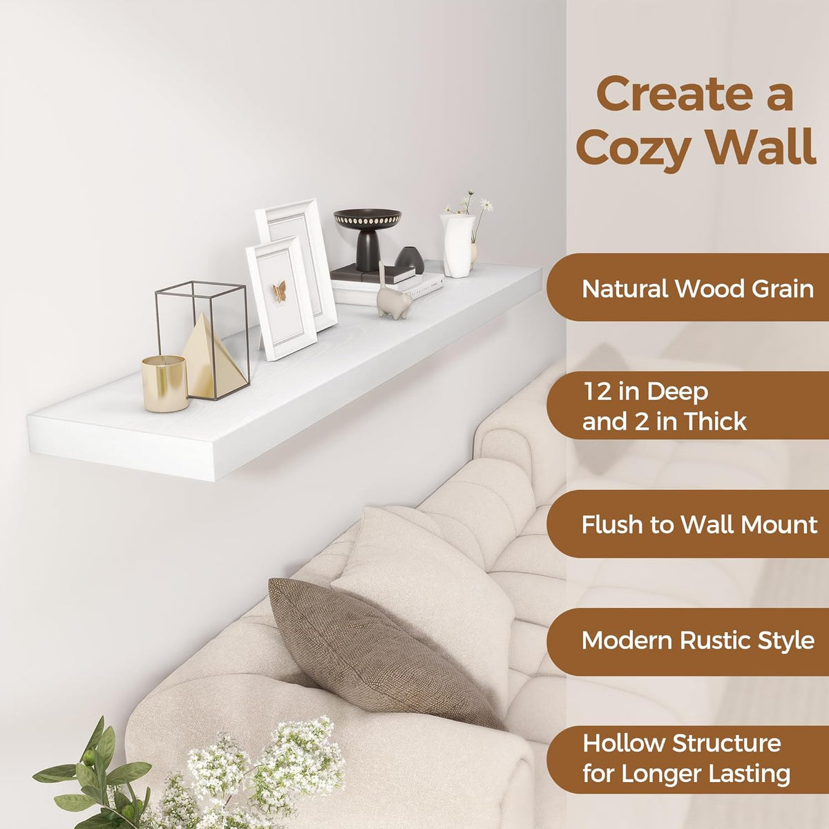 Fun Memories White Floating Shelves 55 Inch Long, 12 Inch Deep Floating Shelves for Wall, 55 x 12 Large Wall Shelf for Fireplace Mantel, 2 Inch Thick Storage Shelves for Living Room, Bedroom, 1 Pack