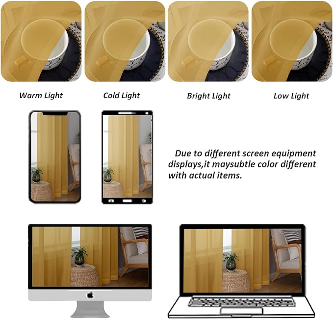 Chyhomenyc Gold Sheer Curtains 36 inch Length 2 Panels Set, Light Filtering - Image 8