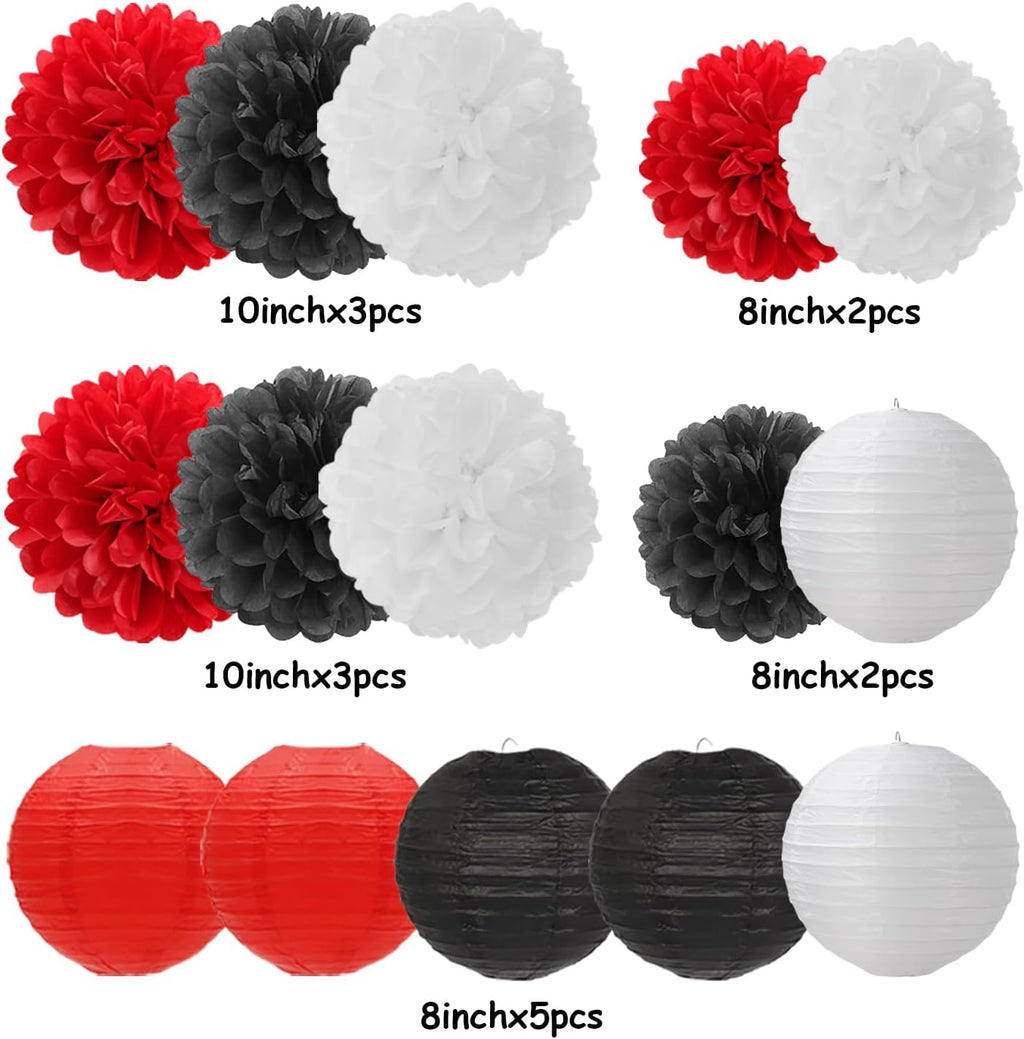 Red-Black White Party-Decorations Paper Flowers Lanterns - 15PCS Halloween Birthday Tissue Pom Poms Streamers,Wedding Baby Bridal Shower Hanging Supplies Decor Hugfond