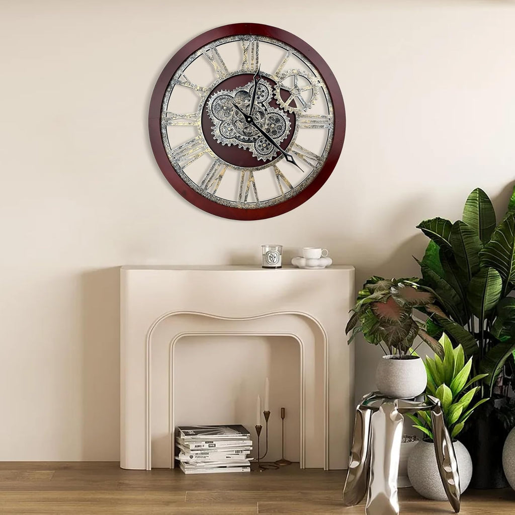 HOIBAI Large Wall Clock, 18 Inch Wall Clocks for Living Room Decor Farmhouse Vintage Rustic Kitchen Wall Decor Vintage Roman Big Oversized Wall Clock for Home Bedroom House Office, Moving Gears Clock